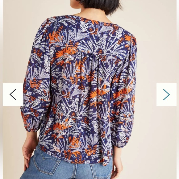 Maeve by Anthropologie Cathy Pleated Blouse Blue Jungle Print Size S - Picture 9 of 11